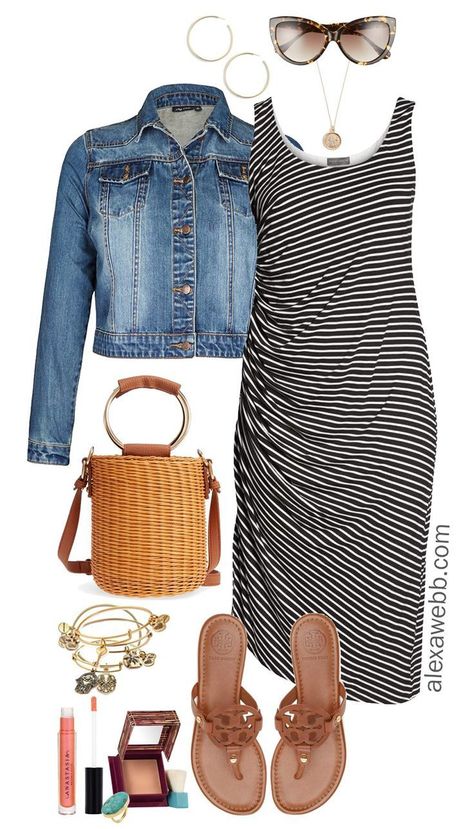 Plus Size Summer Striped Dress Outfit - Plus Size Summer Outfit Idea - Plus Size Fashion for Women - alexawebb.com #alexawebb #plussize Khaki Shorts Outfit, Striped Dress Outfit, Dress Denim Jacket, Rok Outfit, Moda Do Momento, Striped Dress Summer, Plus Size Summer Outfit, Dress Denim, Plus Size Summer