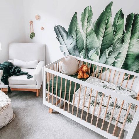 Tropical Baby Nursery, Baby Crib Canopy, Neutral Baby Nursery, Baby Nursery Ideas, Pink Ottoman, Princess Canopy Bed, Jungle Themed Nursery, Nursery Idea, Tropical Nursery