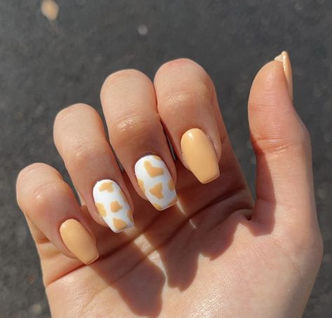 September Nails Coffin, Yellow Cow Print Nails, Cute Orange Nails Short, Dr Pepper Nails, Orange Cow Print Nails, Cow Acrylic Nails, Western Fall Nails, Checkered Nails, Hoco Nails