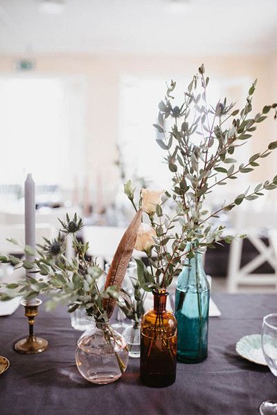 Various Vessels - 25 DIYs To Spruce Up Your Thanksgiving Table - Photos Greenery Centerpiece, Rustic Wedding Decorations, Boda Diy, Bohemian Wedding Decorations, Tafel Decor, Wedding Floral Centerpieces, Waterfront Wedding, Wedding Centerpieces Diy, Diy Centerpieces