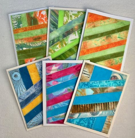 Fabric Greeting Cards, Fabric Note Cards, Strip Cards, Patchwork Cards, Postcard Ideas, Modern Quilt Blocks, Scrap Fabric Crafts, Scrap Fabric Projects, Sewing Cards