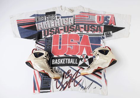 Stadium Goods Christie's Original Air Jordans Auction | SneakerNews.com Toni Kukoc, Jordan Gift, Jordan Gold, Basketball Memorabilia, Olympic Basketball, Original Air Jordans, Us Olympics, Jordan 7, Stadium Goods