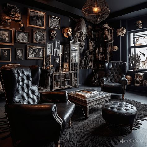 Gothic Parlor Room, Sims 4 Gothic Interior, Dark Decor Aesthetic, Goth Club Interior, Black House Interior Design, Goth House Interior, Gothic Living Room Wallpaper, Black Castle Aesthetic Interior, Dark Academia Bedroom Ideas