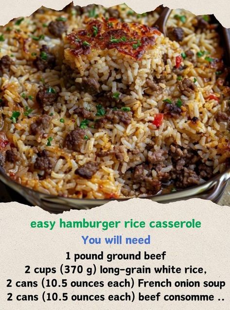 Hamburger And Rice Recipes, Beef Consomme, Hamburger Rice Casserole, Hamburger Rice, Buttery Rice, Rice Skillet, Rice Casserole Recipes, Easy Hamburger, Easy Rice Recipes