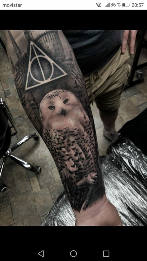 Hedwig Tattoo, Harry Potter Tattoo Sleeve, Tattoo Harry Potter, Dark Mark Tattoos, Fandom Tattoos, Harry Tattoos, Harry Potter Symbols, Hp Tattoo, Potter Tattoo