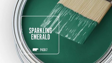 SPARKLING EMERALD P430-7 | Behr Paint Colors Witchy Wall Paint Colors, Behr Jewel Tone Paint Colors, Emerald Green Accent Wall Living Room, Behr Color Palettes, Emerald Green Paint, Hunt House, Accent Paint Colors, Fantasy Library, Paint House