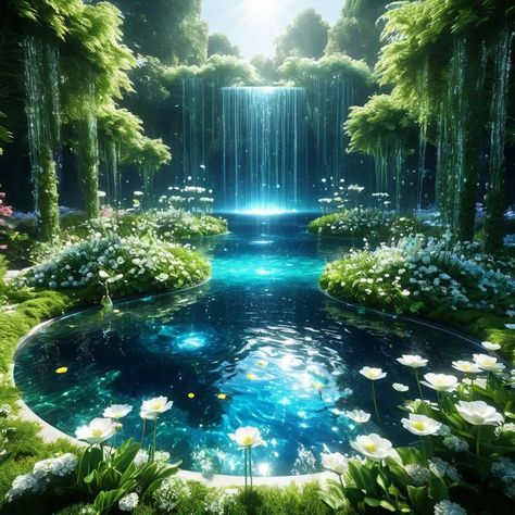 a sunny radiant futuristic water garden with water cascading into a descending series of sparkling pools of water, josip csoor, bella kotak,... - AI Generated Artwork - NightCafe Creator Josip Csoor, Fantasy Pond, Bella Kotak, Water Landscape, Mystical Places, Nature Pics, Beautiful Pics, Spring Art, Art Generator