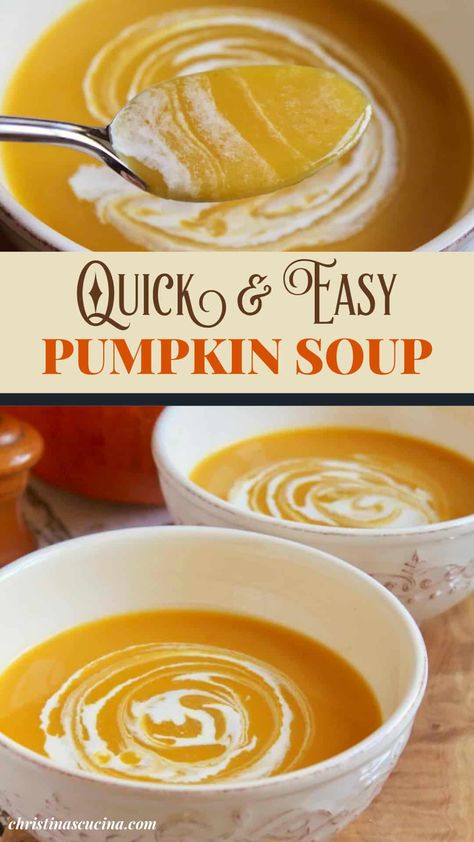 Pumpkin soup is a delicious way to use fresh, canned, or frozen pumpkin, and it's super nutritious! Make a double batch and freeze half. Can Soup Recipe, Pumpkin Sweet Potato Soup, Easy Pumpkin Soup, Creamy Pumpkin Soup Recipe, Pumpkin Soup Recipe Easy, Fresh Pumpkin Recipes, Pumpkin Soup Easy, Pumpkin Soup Healthy, Canned Pumpkin Recipes