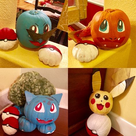 Pokémon pumpkins! Pikachu, charmander, squirrel, and bulbasaur Squirtle Pumpkin, Pokemon Pumpkin Painting, Bulbasaur Pumpkin, Pikachu Pumpkin, Pokemon Pumpkin, Pikachu Halloween, Pumpkin Painting Party, Pumpkin Sketch, Pumpkin Idea