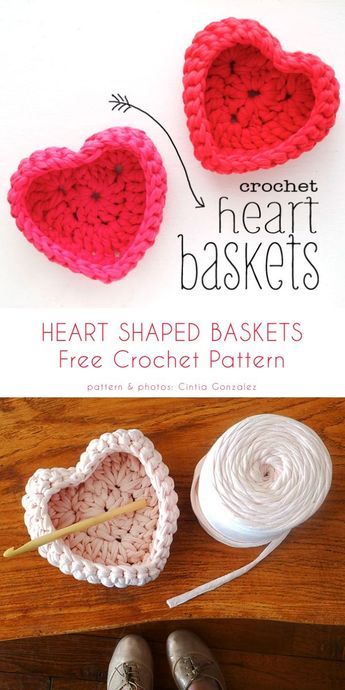 Heart Baskets Free Crochet Pattern Crocheted Heart, Crochet Valentine Patterns, Crochet Heart Pattern, Valentines Patterns, Valentines Crochet, Crochet Basket Pattern, Your Crochet, Holiday Crochet, My Funny Valentine