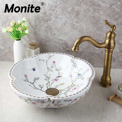 Jingde ceramic bathroom wash basin art bell shaped blue and white flowers|bathroom wash basin|wash basinart wash basin - AliExpress Cabin Style Bathroom, Bowl Sink Vanity, Antique Faucet, Antique Brass Faucet, Gold Bathroom Faucet, Lavabo Design, Glass Vessel Sinks, Fleur Design, Ceramic Basin