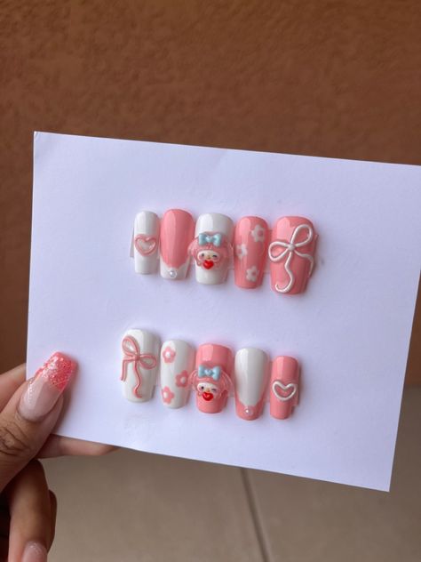 my melody sanrio nail inspo for kawaii nd coquette lovers! Melody Nail Art, My Melody Nails, Melody Outfit, My Melody Outfit, Cute Nail Art, Nail Charms, 3d Nails, My Melody, Natural Pearls