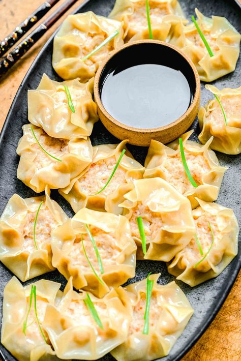 Shrimp Shumai Recipe, Shrimp Shumai, Steamed Shrimp, Yummy Dishes, Chinese Dumplings, Ginger Water, Water Chestnuts, Asian Inspired Recipes, Cooking For Two