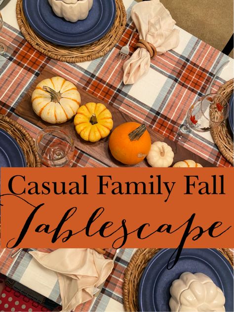 Casual Family Fall Tablescape - Celebrate & Decorate Fall Kitchen Table, Fall Dining Room Table, Dining Room Table Settings, Halloween Table Settings, Fall Dining Room, Plaid Tablecloth, Bamboo Plates, Classic Table, Fall Table Settings