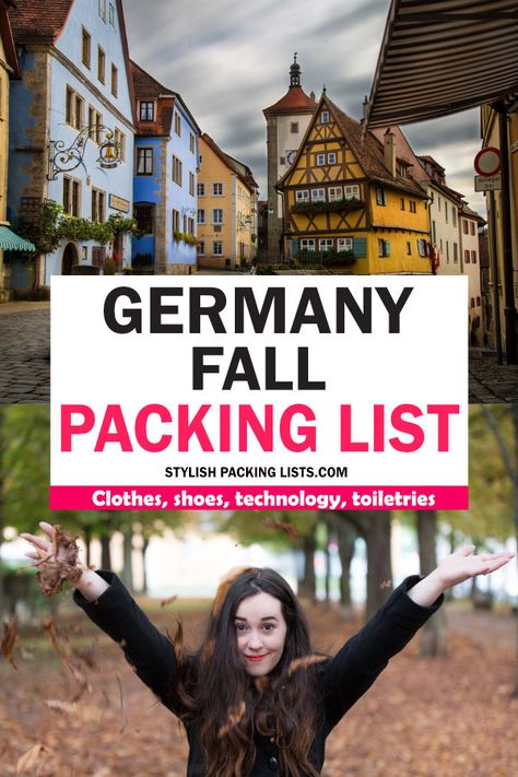 Stylish fall packing list for Germany in September, October and November. Germany Packing List Fall, Autumn In Europe Packing List, Packing For Germany In Fall, What To Pack For Germany In September, Germany In October Outfits, What To Wear In Germany In October, What To Wear In Germany In September, Germany Fall Travel Outfits, Germany Packing List