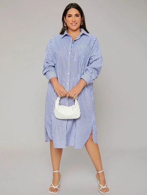 Shirt Dresses For Women Classy Long, Blue And White Striped Dress Outfit, Gown Shirt Dress, Shirt Dresses For Women Classy, White Striped Dress Outfit, Long Tunics, Shirt Gown, Black And White Gown, Plus Size Shirt Dress