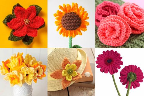 Free Knitted Flower Patterns, Knitting Flowers, Knitted Poppies, Christmas Knits, Knitted Flower Pattern, Christmas Knitting Patterns Free, Crochet Poppy, Yarn Scraps, Knitting Abbreviations