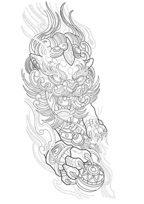 Foodog Tattoo Japanese Traditional, Fudog Tattoo Design, Japanese Lion Tattoo, Japanese Foo Dog, Foo Dog Tattoo Design, Traditional Japanese Tattoo Flash, Samurai Tattoo Sleeve, Japanese Tattoos For Men, Ancient Art Tattoo