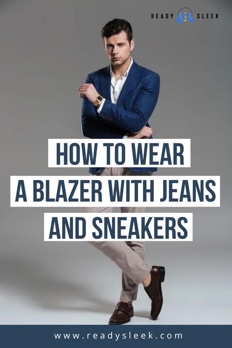 Blending items from different ends of the formality spectrum can sometimes lead to disaster. So, can you really wear a blazer with jeans and sneakers? A blazer can be worn with jeans and sneakers in casual settings. Leather dress sneakers, slip-ons, high-tops, and suede sneakers would usually be the best options here. Avoid loud and chunky sneakers with thick uppers, as they’ll usually be too casual to wear ... Image From Deposit Photos #style #casualoutfit #outfit #Blazer #Jeans #sneakers Casual Blazer With Jeans For Men, Blue Blazer Outfit Men Casual Jeans, Men’s Outfits With Blazers, Dark Blue Blazer Outfit Men, How To Wear Sneakers With Jeans, Jeans And Blazer Outfit Men, Blazer With Jeans And Sneakers, Blue Blazer Outfit Men Casual, Blazer With Jeans Men