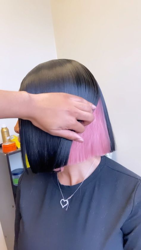 Bob With Peek A Boo Color, Black Bob With Pink Underneath, Sew In Hairstyles Peek A Boo, Bob Peekaboo Color, Colored Bob Black Women, Quick Weave Bob With Color, Peek A Boo Bob Black Women, Color Bob Hairstyles For Black Women, Peak A Boo Bob