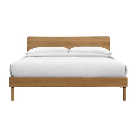 The Marlo Bed is a clean and pared-back bed frame, with a natural timber veneer headboard and solid timber legs. With design detailing in the rounded corners and brass feet, it is a timeless option for your bedroom. Browse our range of matching bedsides to complete the look. Oak Platform Bed, Mid Century Bed, Bed Hardware, Timber Beds, Timber Slats, King Single Bed, Timber Veneer, Interiors Online, Simple Bed