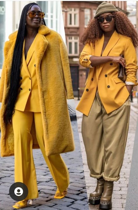 Monochrome Mustard Outfit, Black Women Colorful Outfits, Monochromatic Outfit Black Women, Yellow Monochromatic Outfit, Plus Size Monochromatic Outfits, Monochromatic Outfit Fall, Monochromatic Outfit, Looks Chic, Cool Street Fashion