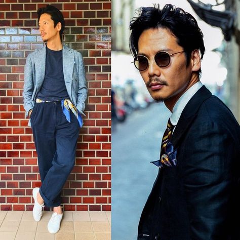 Dashing  @shuhei_nishiguchi shows us how a stylish gent can wear a #silk #scarf or #pocketsquare this Friday in the city Shuhei Nishiguchi, Scarf Outfit Men, Silk Scarf Outfit, Wear A Silk Scarf, Scarf Styling, Scarf Outfit, Silk Pocket Square, Pocket Squares, Mens Style