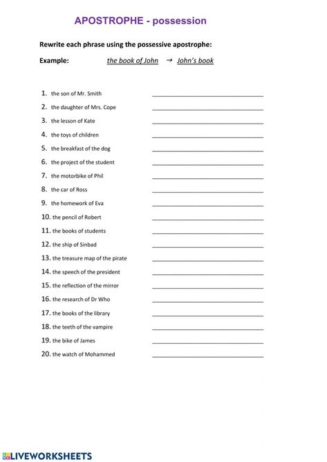 Apostrophe Worksheets Grade 2, Possessive Apostrophes Worksheets, Apostrophes Worksheet, Possessive Apostrophe, Apostrophe S, Prefix Worksheet, Conversation English, Worksheet For Class 2, English Opposite Words