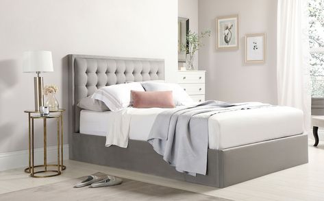 Lexington Grey Velvet Ottoman Double Bed | Furniture And Choice Beautiful Bed Designs, Simple Bed Designs, King Storage Bed, Bedroom Upgrade, Ottoman Storage Bed, Cushion Headboard, Velvet Ottoman, Ottoman Bed, Simple Bed