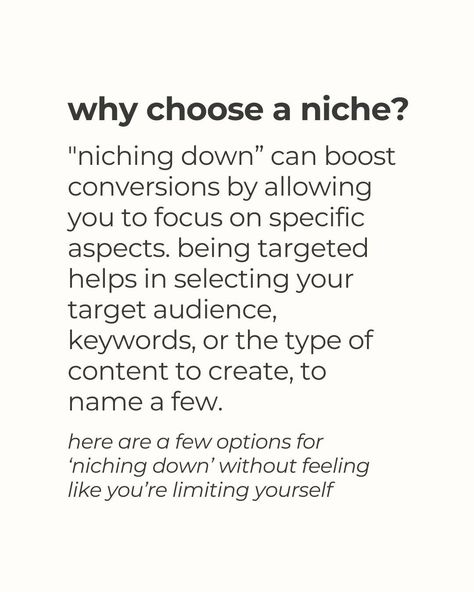 MYTH: You have to niche down in order to grow. Okay, that's sort of a myth, sort of true. But there seems to be this really negative energy around 'niching down' so let's dispell that. Finding a niche helps you focus on a specific audience or specific set of keywords or really just something specific. This allows you to help with your messaging and increase conversions. Usually when people hear 'you need to niche', the first thought is that you need to limit yourself or your offerings. B... How To Find Your Niche, Find Your Niche, Simple Life Hacks, Simple Life, Negative Energy, How To Find, Content Creator, Focus On, To Grow