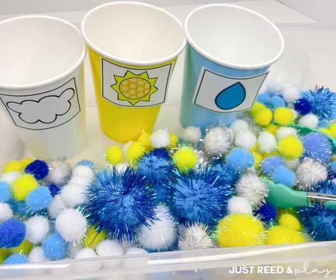 Weather And Sky Activities, Sky And Weather Crafts For Toddlers, Weather Sensory Bin Toddlers, Science Themed Sensory Bin, Rain Weather Crafts Preschool, Spring Classroom Activities Preschool, Weather Sorting Preschool, Sky And Weather Activities For Toddlers, Rain Gross Motor Activities