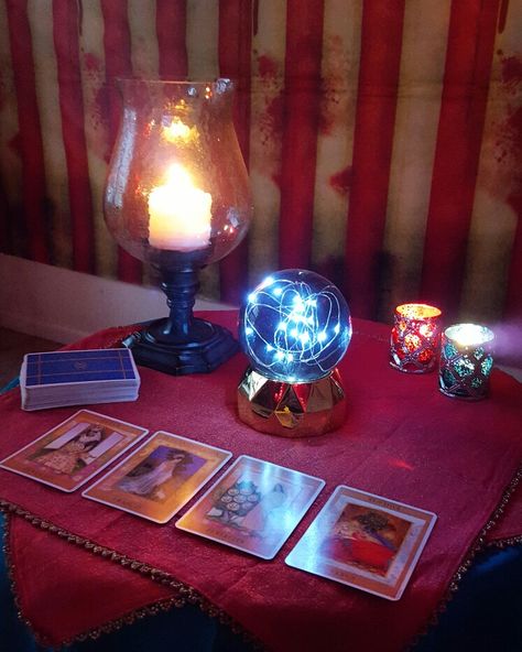 My fortune teller table Fortune Teller Aesthetic Room, Fortune Teller Decor, Fortune Teller Table Decorations, Fortune Teller Office Decoration, Fortune Teller Table, Fortune Teller Tent, Tarot Table, Fortune Teller Booth, Fortune Teller Decor Halloween Party