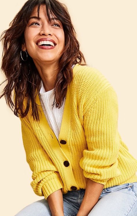 Yellow Cardigan Outfit, Yellow Cardigan Outfits, Cropped Cardigan Outfit, Navy Clothes, Up Aesthetic, Cute Sweats, Cardigan Outfit, Yellow Cardigan, Popsugar Fashion