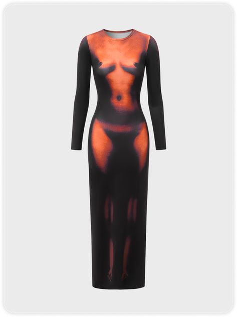 Thermal Body Dress, Thermal Body Print Dress, Body Print Dress, Thermal Clothes, Black Long Sleeve Midi Dress, Edgy Dress, Hot Summer Outfits, Nightclub Dress, Black Theme