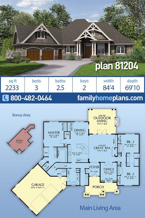 House Plans With Outdoor Living Space, 2000 Sf House Plans Open Floor, 3 Bedroom Craftsman House Plans, Curved Facade, Craftsman Ranch House Plans, Country Craftsman House, Country Craftsman House Plans, Looking For Houses, Murphy Bed Plans