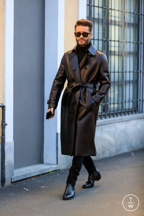 Men Trench Coat Outfit Mens Fashion, Leather Trench Coat Outfit Men, Men Trench Coat Outfit, Trench Coat Outfit Men, Mens Long Overcoat, Leather Trench Coat Mens, Leather Overcoat, Coat Outfit Casual, Black Leather Trench Coat