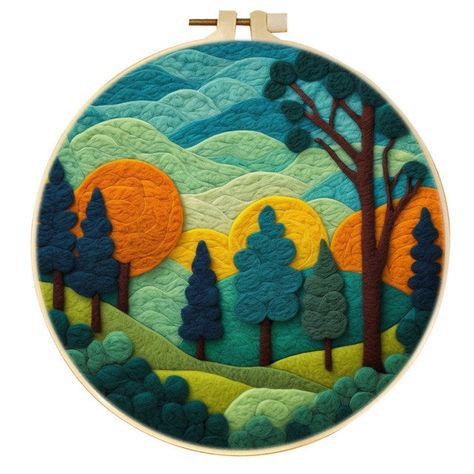 Needle Felting kit - Forest at Sunset Felt On Canvas, Needle Felting Artwork, Abstract Felt Art, Needle Felted Gifts, Needle Felting Pictures, 2d Needle Felting, Felt Mountain, Needle Felt Art, Forest At Sunset