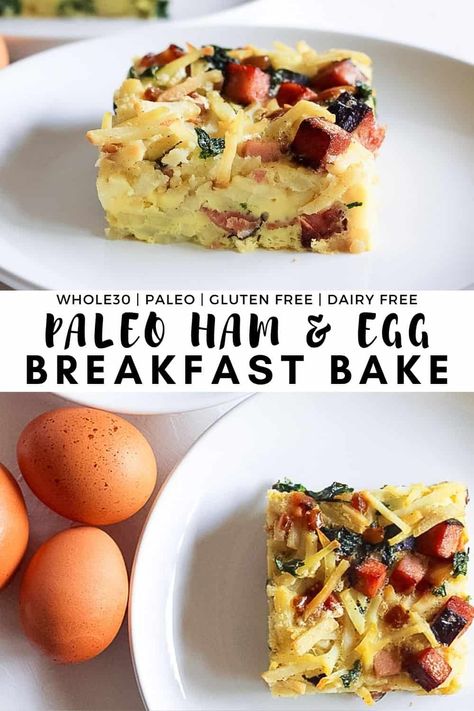 Paleo Ham and Egg Breakfast Bake is packed full of veggies and so satisfying. You can make this Whole30 Breakfast Casserole ahead for the week and store it in the fridge or freezer. Makes a great leftover ham recipe. Don't have ham? Swap it out for sausage or bacon. Perfect for a family or holiday breakfast! #finishedwithsalt #paleobreakfast #whole30breakfast #breakfastcasserole #bacon #easy #leftoverham | finishedwithsalt.com Whole30 Breakfast Bake, Gluten Free Dairy Free Egg Casserole, Paleo Breakfast Bake, Gluten Free Dairy Free Egg Bake, Gluten And Dairy Free Egg Bake, Paleo Egg Bake, Egg Bake Dairy Free, Dairy Free Egg Bake, Ham Egg Breakfast