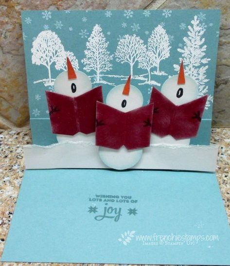 Snowman Chorus Pop Up Card - Frenchie Stamps Pop Up Christmas Cards, Christmas Card Tutorials, Christmas Carolers, Snowman Cards, Vintage Pop, Christmas Card Crafts, 3d Cards, Diy Christmas Cards, 3d Christmas