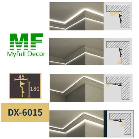 Crown Molding with LED light DX-6015 -Myfull Decor Modern Crown Molding With Led Lights, Ceiling Trim With Led Lights, Crown Molding Lighting Bedroom, Led Trim Lighting, Bedroom Cove Lighting Ceiling, Led Crown Molding, Ceiling Uplighting, Led Profile Lighting Design Ceiling, Profile Led Lighting