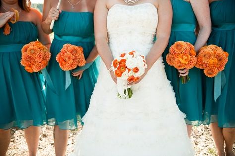 bridesmaid dresses bouquets teal tangerine orange Teal Wedding Colors, Teal Bridesmaid, Wedding Color Combinations, Teal Bridesmaid Dresses, Beach Wedding Bridesmaids, Beach Bridesmaid Dresses, Beach Wedding Colors, Wedding Themes Summer, Blue Wedding Bouquet