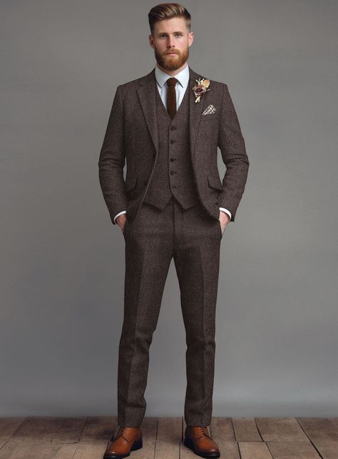 Mens Winter Wedding Suits, Groom Suit Simple, Elegant Wedding Suits Men, Tweed Suit Men, Mens Plaid Suit, Tweed Groomsmen Suits, Men Fall Wedding Suit, Dark Tweed Suit, 3 Piece Tweed Suit Men