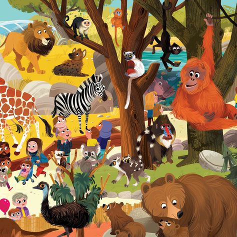 Day at the Zoo Puzzle – Kim Smith Safari Artwork, Koala Art, Zoo Map, Cartoon Hippo, Kim Smith, Indonesian Art, Forest Illustration, Book Illustration Art, Animal Painting