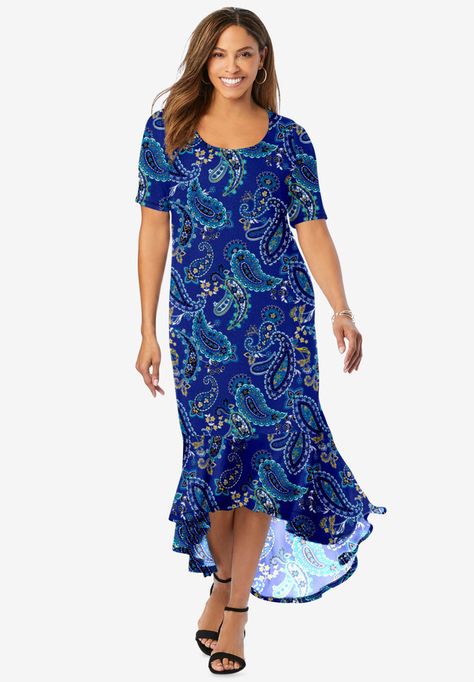 Stretch Knit Flounce Hem Maxi Dress | OneStopPlus Dark Sapphire, Comfortable Style, Feminine Silhouette, Swimsuits For All, Dresses By Length, Ladies Of London, Plus Size Maxi Dresses, Bra Straps, Everyday Dresses