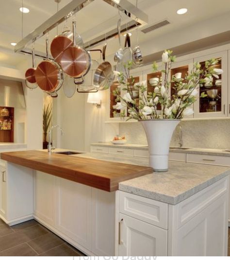 Kitchen Island Butcher Block Extension, Butcher Block And Granite Countertops, Wood Island Countertop, Kitchen Butcher Block, Kitchen Cabinets Color Combination, Butcher Block Island Kitchen, Farmhouse Cabinets, L Shaped Kitchen, Island Countertops