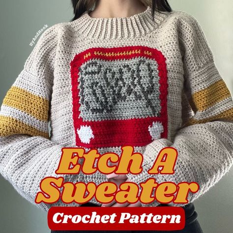 This is a made-to-measure garment pattern design. The pattern is written in English and uses U.S. crochet terms. This is an advanced beginner level pattern and utilizes HDC for the majority of its construction. Crocheting with multiple colors at one time is required to create the picture on this sweater. Some surface crochet is optional. having experience with tapestry or fair-isle crochet and surface crochet will aid you in the construction of this sweater. You will need the following materials to make this pattern:  - 800-1400 yards in your main color (worsted/weight 4 yarn) - > 70 yards in red (worsted/weight 4 yarn) - > 50 yards in light gray (worsted/weight 4 yarn) - > 50 yards in yellow or gold (worsted/weight 4 yarn) - > 30 yards in dark gray (worsted/weight 4 yarn) - > 10 yards in Surface Crochet, Fair Isle Crochet, Unique Tools, Pull Crochet, Halloween Crochet Patterns, Garment Pattern, Sweater Crochet, Crochet Goodies, Crochet Tapestry