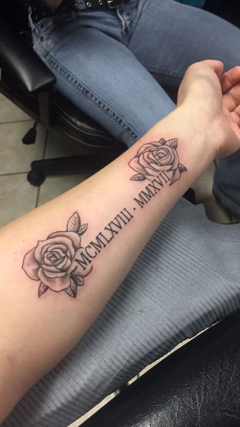 Rose Tattoo With Roman Numerals Stem, Rose With Date Tattoo, Roman Numeral Tattoo With Flowers, Roman Numeral Tattoo With Name, Numbers With Flowers, Anniversary Date Ideas, Luis Tattoo, Half Sleeve Rose Tattoo, Tato Nama