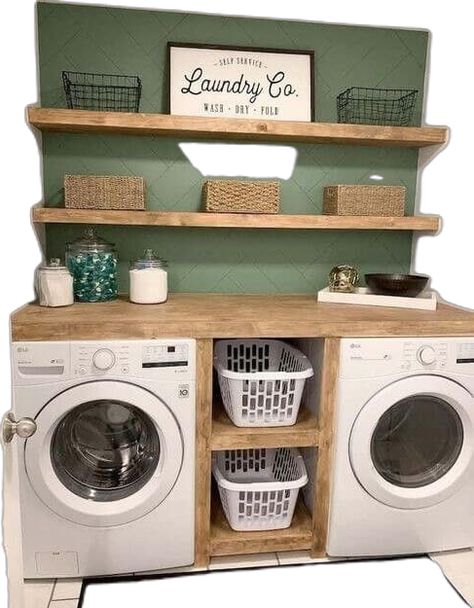 Counter Between Washer And Dryer, Wash House Ideas, No Cabinet Laundry Room, Grey Washer Dryer Laundry Room, Laundry Room Wooden Shelves, Rustic Utility Room Ideas, Small Laundry Room Ideas Front Loaders, Washing Machine Room Ideas, Laundry Room With Shelf