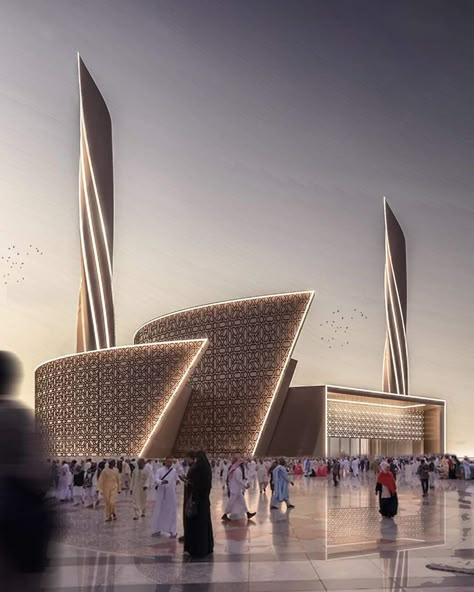 Masjid Design Islamic Architecture, Modern Mosque Design, Mosque Modern, Modern Mosque, Islamic Centre, Mosque Design Islamic Architecture, Auditorium Design, Mosque Design, Facade Lighting