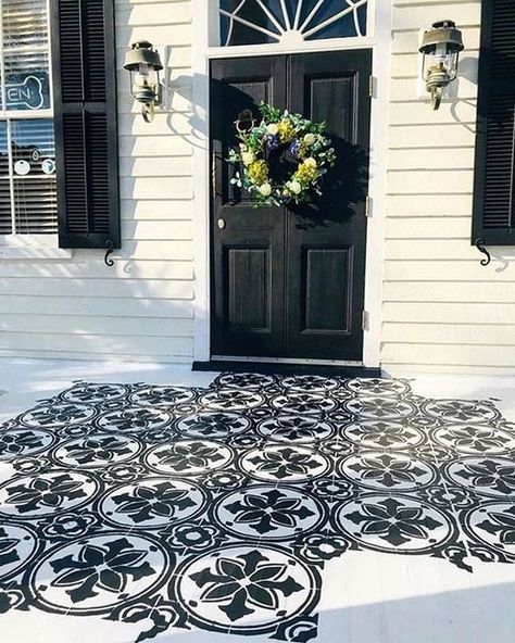 Stenciled Cement Patio, Paint Front Porch Concrete Stenciled Floor, Front Porch Stencil Ideas, Stencil Front Porch, Black And White Stenciled Concrete Patio, Stenciled Front Porch Concrete, Outdoor Porch Tiles Front Steps, Stencil Porch Floor, Stenciled Front Steps